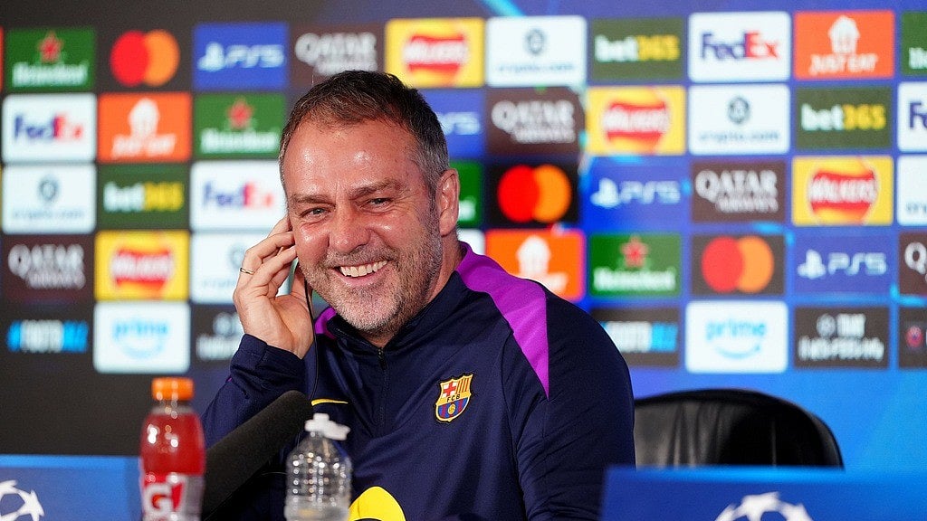 Barcelona manager Hansi Flick smiles during a press conference at St. James' Park, Newcastle upon Tyne, England, Monday March 9, 2026, ahead of the Champions League soccer match between Newcastle United and Barcelona on Tuesday.  - Ap Photoes