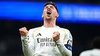 Man City Vs Real Madrid Live Score, UEFA Champions League: Home Side Faces Predicaments As Visitors Eye QF Berth | Photo: AP/Jose Breton : Real Madrid's Federico Valverde celebrates after scoring during a first leg round of 16 Champions League soccer match between Real Madrid and Manchester City in Madrid, Spain.