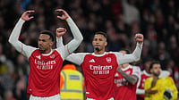 | Photo: AP/Kin Cheung : Arsenal's Gabriel, left, and William Saliba celebrate after the English Premier League soccer match between Arsenal and Everton in London, England.