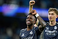 Manchester City 1-2 Real Madrid, UEFA Champions League 2025-26: Vinicius Jr's Brace Power Los Blancos To Quarter-Final | Photo: AP/Dave Thompson : Real Madrid's Vinicius Junior celebrates after the Champions League round of 16 second leg soccer match between Manchester City and Real Madrid in Manchester.