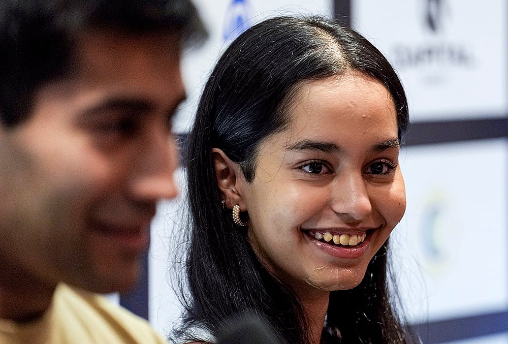 Squash players Anahat Singh, right, and Ramit Tandon address a press conference ahead of the 'JSW Indian Open 2026 squash tournament', in Mumbai, Maharashtra. - | Photo: PTI/Kunal Patil