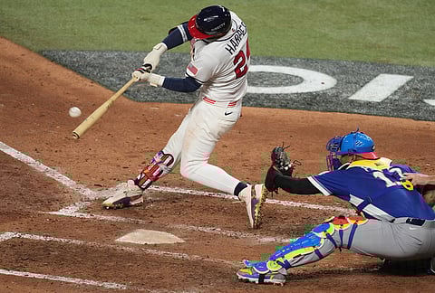 United States Bryce Harper hits a home run during the eighth inning in the championship game of the World Baseball Classic against Venezuela, in Miami.