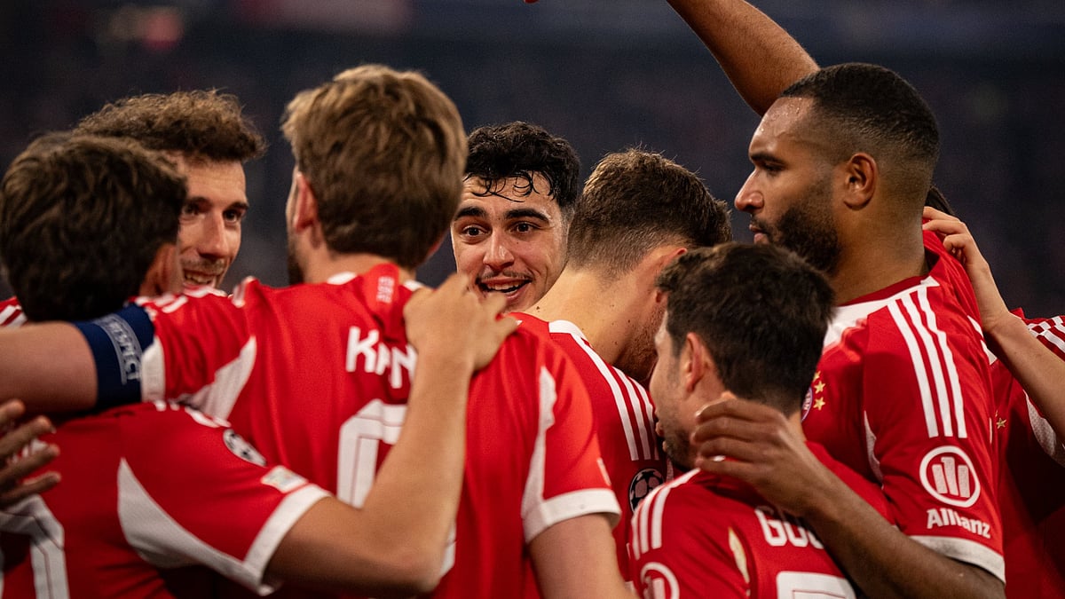 Bayern Munich footballers celebrate their goal against Atalanta during the UEFA Champions League 2025-26 round of 16 clash at Allianz Arena.  - FCBayern/X