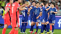 | Photo: AP/Rick Rycroft : Japan players celebrate after their second goal during the Women's Asian Cup semifinal soccer match between Japan and South Korea in Sydney, Wednesday, March 18, 2026.