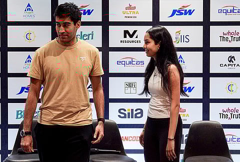 Squash players Anahat Singh, right, and Ramit Tandon during a press conference ahead of the 'JSW Indian Open 2026 squash tournament', in Mumbai, Maharashtra.