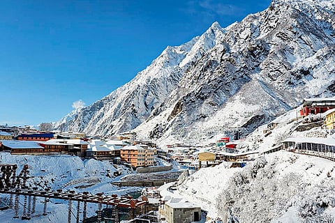 A view of snow-capped mountains after fresh snowfall, in Badrinath, Chamoli, Uttarakhand.