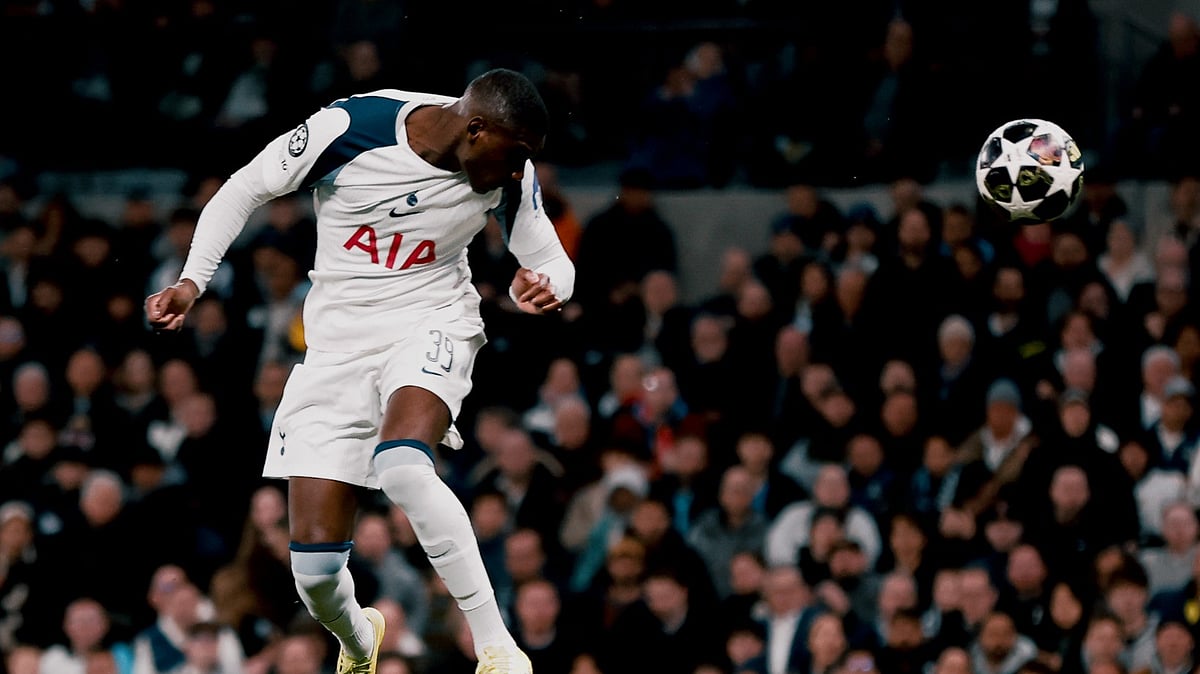Randal Kolo Muani heading the ball into the goal during Tottenham Hotspur vs Atletico Madrid UEFA Champions League 2025-26 round of 16 match.  - SpursOfficial/X
