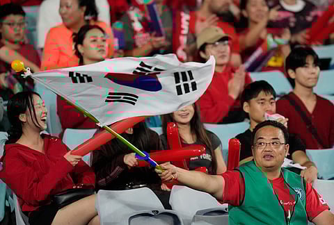 A South Korean fan waves a flag during the Women's Asian Cup semifinal soccer match between Japan and South Korea in Sydney.