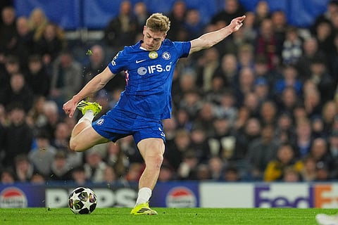 Chelsea's Liam Delap makes an attempt to score during the Champions League soccer match between Chelsea and Paris Saint-Germain in London, England.
