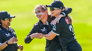 X/WHITE_FERNS : New Zealand women's team skipper Amelia Kerr (c) celebrates a wicket.