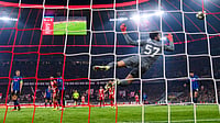 UEFA Champions League: Five Talking Points From Round Of 16 – Goals Galore, Arsenal Favourites, Salah-Kane Record | Photo: AP/Tom Weller : Bayern Munich's Harry Kane scores to make it 2-0 against Atalanta Bergamo's Marco Sportiello, Wednesday, March 18, 2026, in Munich, Germany.