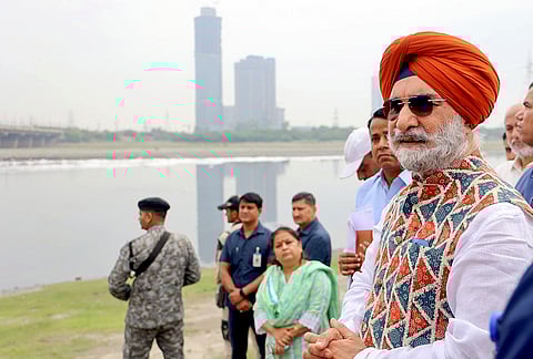Delhi LG Taranjit Singh Sandhu visits the Kalindi Kunj Ghat along the Yamuna river for inspection, in New Delhi. 