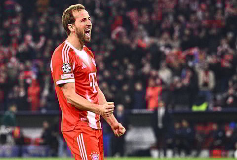 Bayern Munich's Harry Kane reacts during Champions League round of 16 second leg soccer match between Bayern Munich and Atalanta Bergamo in Munich, Germany.