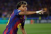 Barca 7-2 Newcastle, UCL: Barca Through To QFs As Magpies Make Tame Exit | Photo: AP/Joan Monfort : Barcelona's Lamine Yamal celebrates after scoring a penalty, his side's third goal during the Champions League round of 16, second leg soccer match between FC Barcelona and Newcastle United FC in Barcelona, Spain.