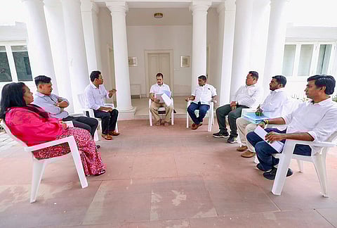 Leader of Opposition in the Lok Sabha Rahul Gandhi during a meeting with a delegation of tribal chiefs from Great Nicobar Island along with leaders of the Adivasi Congress, in New Delhi. 
