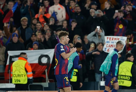 Barcelona's Fermin Lopez celebrates after scoring his side's fourth goal during the Champions League round of 16, second leg soccer match between FC Barcelona and Newcastle United FC in Barcelona, Spain.