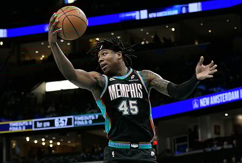 Memphis Grizzlies forward GG Jackson II (45) grabs a rebound in the first half of an NBA basketball game against the Denver Nuggets in Memphis, Tennessee.