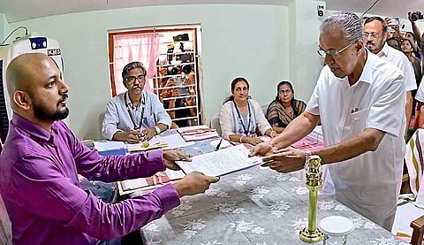 CPI(M) Polit Bureau member and Kerala Chief Minister Pinarayi Vijayan after submits his nomination papers as the Left Democratic Front (LDF) candidate from the Dharmadam constituency, in Kannur, Kerala. 