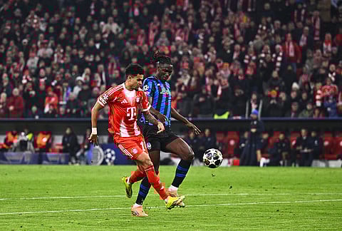 Bayern Munich's Luis Díaz shoots to score a goal against Atalanta Bergamo in Munich, Germany.