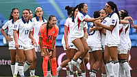 | Photo: AP/DAVE HUNT : Philippines players celebrate after defeating Uzbekistan in Women's Asian Cup qualifying match for the World Cup, at Gold Coast Stadium In Robina, Australia, Thursday, March 19, 2026.