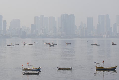 A hazy skyline covers the city skyline, in Mumbai.