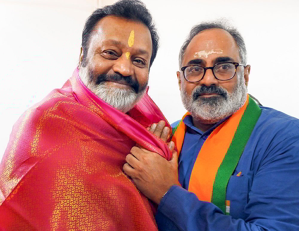 Minister of State Petroleum and Natural Gas Suresh Gopi, left, with BJP Kerala President Rajeev Chandrasekhar during a meeting ahead of the state Assembly elections, in Thiruvananthapuram. - | Photo: PTI