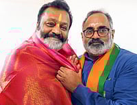 Suresh Gopi will have to face trial in petition challenging his election: Kerala HC | Photo: PTI : Minister of State Petroleum and Natural Gas Suresh Gopi, left, with BJP Kerala President Rajeev Chandrasekhar during a meeting ahead of the state Assembly elections, in Thiruvananthapuram.