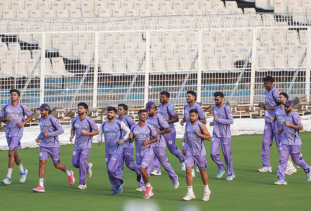 Kolkata Knight Riders players during a training session at Eden Gardens ahead of IPL 2026, in Kolkata. - | Photo: PTI/Swapan Mahapatra