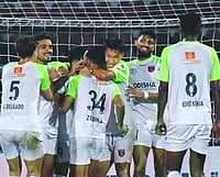 NorthEast United 1-4 Odisha FC, ISL 2025-26: Rahul KP Scores Brace As Juggernauts Secure Dominant Victory IndSuperLeague/X : Odisha FC footballers celebrating a goal against NorthEast United in ISL 2025-26.