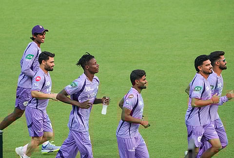 Kolkata Knight Riders players during a training session at Eden Gardens ahead of IPL 2026, in Kolkata.
