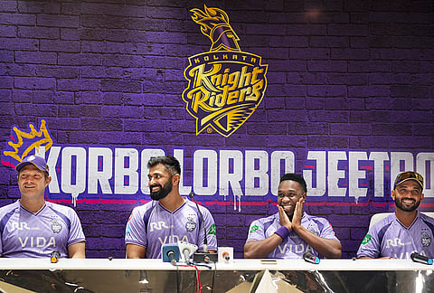 From left, Kolkata Knight Riders (KKR) assistant coach Shane Watson, head coach Abhishek Nayar, mentor Dwayne Bravo and captain Ajinkya Rahane during a press conference ahead of the IPL 2026 season, at Eden Gardens in Kolkata.