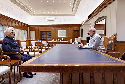 Prime Minister Narendra Modi during a meeting with Delhi LG Taranjit Singh Sandhu. 