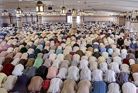 People offer prayers at Qadriya Masjid ahead of the Eid Al-Fitr festival celebrations, in Bengaluru, Karnataka.