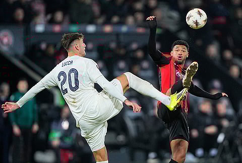 Midtjylland's Pedro Bravo, right, and Nottingham Forest's Lorenzo Lucca in action during the Europa League soccer match between FC Midtjylland and Nottingham Forest in Herning, Denmark.