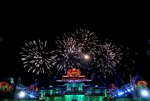 Fireworks light up the sky during Rajasthan Diwas celebrations at Albert Hall Museum, in Jaipur.