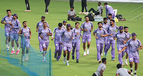 Kolkata Knight Riders players during a training session at Eden Gardens ahead of IPL 2026, in Kolkata.