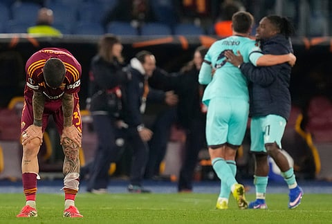 Roma's Gianluca Mancini reacts after the Europa League round of 16 second leg soccer match between Roma and Bologna in Rome, Italy.
