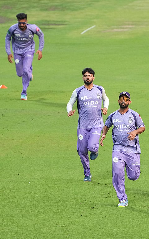 Kolkata Knight Riders players during a training session at Eden Gardens ahead of IPL 2026, in Kolkata.