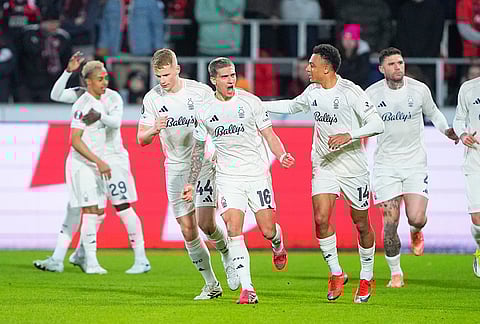Nottingham Forest's Nicolas Dominguez celebrates scoring with teammates during the Europa League soccer match between FC Midtjylland and Nottingham Forest in Herning, Denmark.