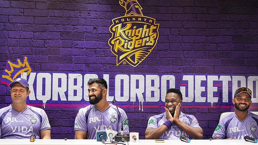 From left, Kolkata Knight Riders (KKR) assistant coach Shane Watson, head coach Abhishek Nayar, mentor Dwayne Bravo and captain Ajinkya Rahane during a press conference ahead of the IPL 2026 season, at Eden Gardens in Kolkata. - | Photo: PTI/Swapan Mahapatra