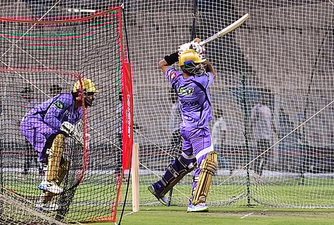 Kolkata Knight Riders' captain Ajinkya Rahane bats during a practice session ahead of IPL at Eden Gardens, in Kolkata.