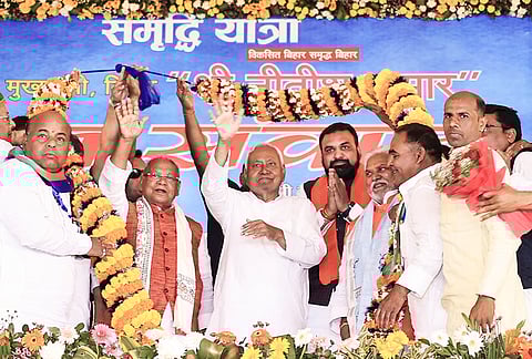 MoS Jitan Ram Manjhi, Bihar CM Nitish Kumar and state Deputy CM Samrat Choudhary during the ‘Samridhi Yatra’, in Aurangabad.