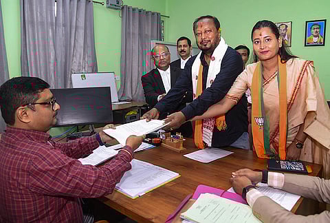 BJP candidate from Naduar constituency, Padma Hazarika, files nomination papers ahead of the Assam Assembly elections, in Sonitpur.