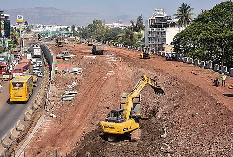 Construction work underway as part of the six-lane expansion of the Pune-Bangalore National Highway-48, in Karad.