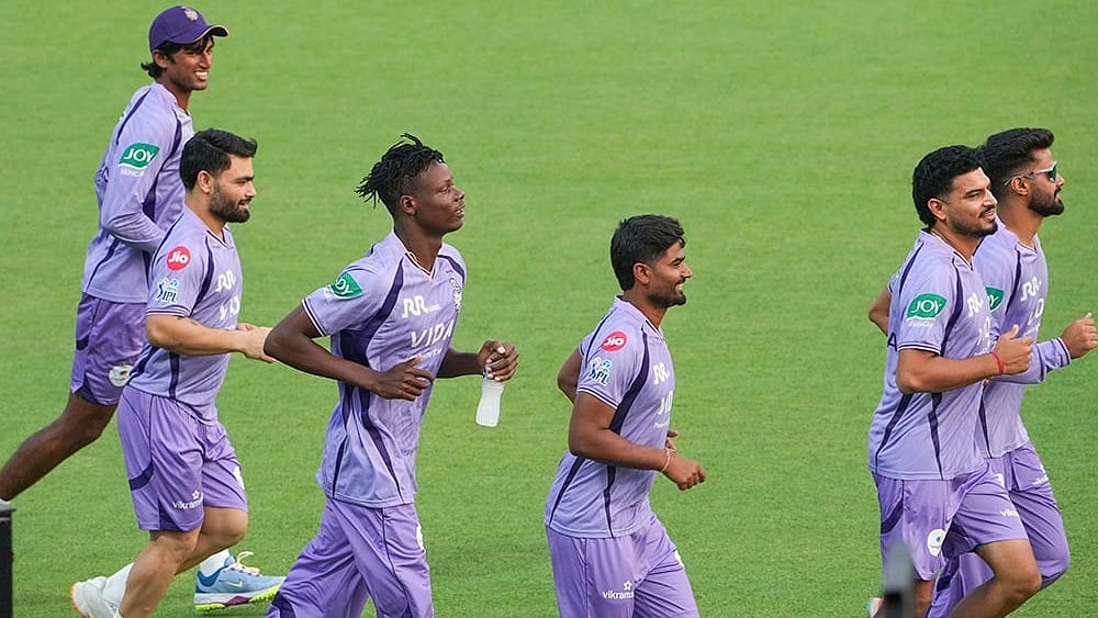 Kolkata Knight Riders players during a training session at Eden Gardens ahead of IPL 2026, in Kolkata. - | Photo: PTI/Swapan Mahapatra
