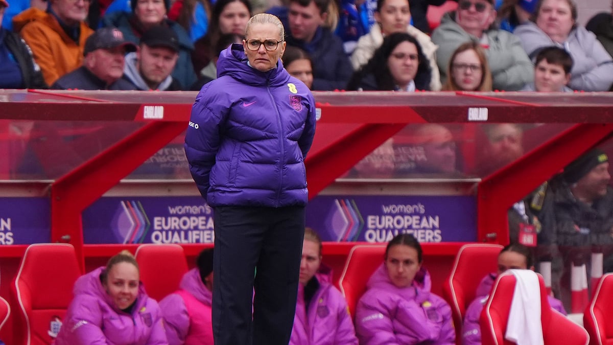 England manager Sarina Wiegman stands on the touchline during the FIFA Women's World Cup UEFA Qualifier match between England and Iceland at the City Ground, in Nottingham, England, Saturday, March 7, 2026.  - (Bradley Collyer/PA via AP)