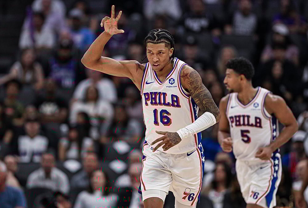 Philadelphia 76ers forward Marjon Beauchamp (16) reacts after a three-point basket during the second half of an NBA basketball game against the Sacramento Kings in Sacramento, California.  - | Photo: AP/Justine Willard