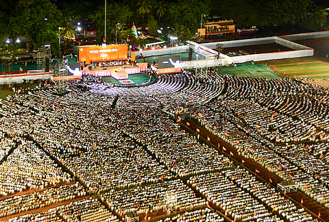 Maharashtra Navnirman Sena (MNS) chief Raj Thackeray addresses a Gudi Padwa rally at Shivaji Park, Dadar West, in Mumbai.
