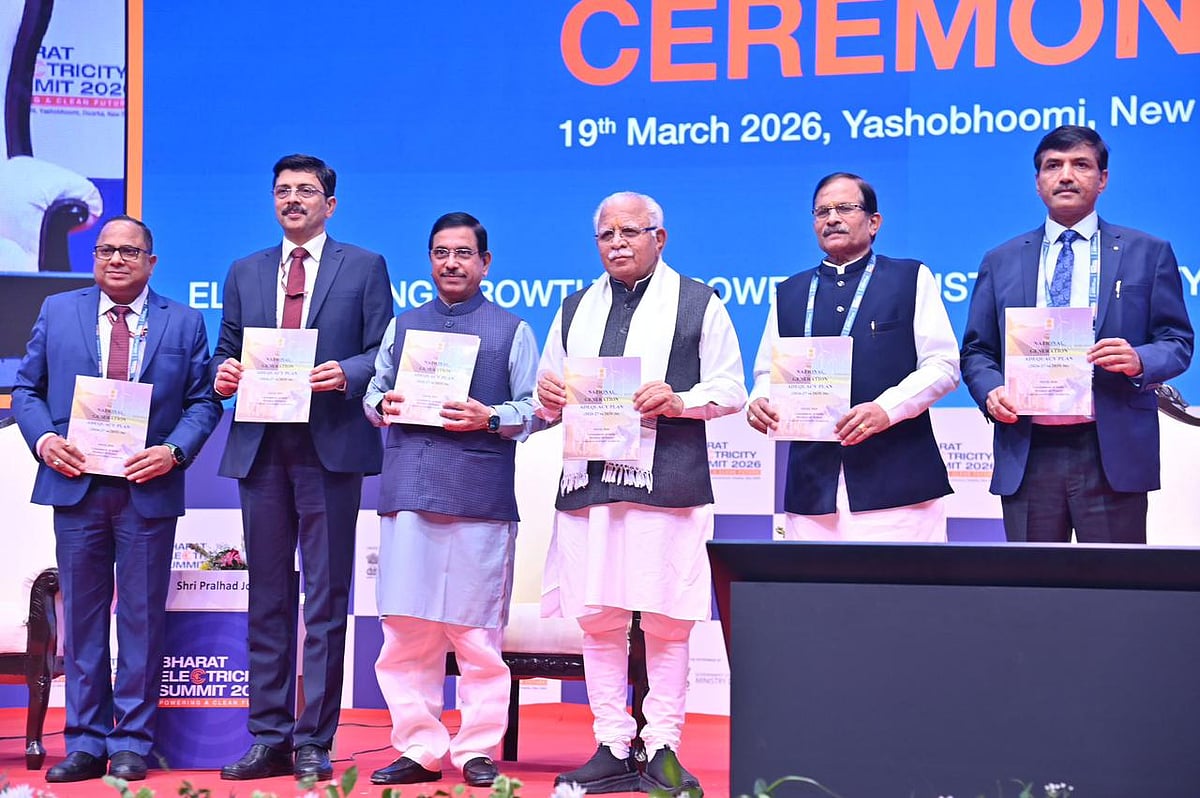 Officials hold reports at Bharat Electricity Summit 2026 inauguration in New Delhi