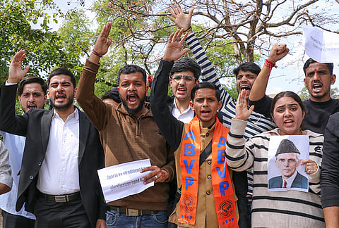 Akhil Bharatiya Vidyarthi Parishad (ABVP) members stage a protest against the inclusion of a chapter on Mohd Ali Jinnah in the PG Political Science course, at Jammu University.